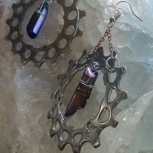 Titanium Quartz Bicycle Gear Earrings Handmade